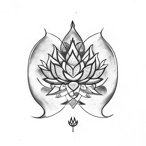 lotus plant having shiva trishul and krishna peakcok feather tattoo design idea