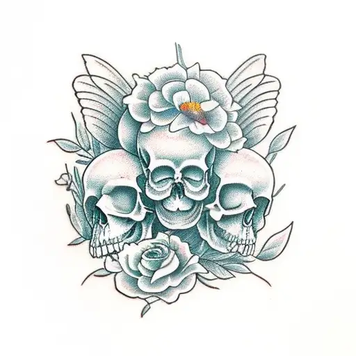 half skull half butterfly with flowers tattoo design idea