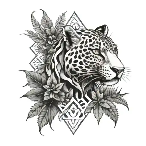 gothic jaguar and dragon with leafs and ferns and birds tattoo design idea