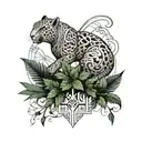 gothic jaguar and dragon with leafs and ferns and birds tattoo design idea