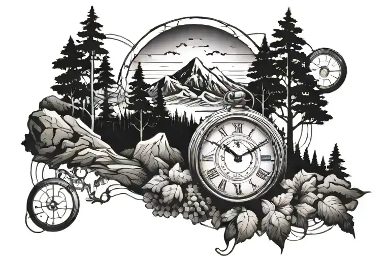 god, outdoors mountains trees, sunset, broken clock tattoo design idea