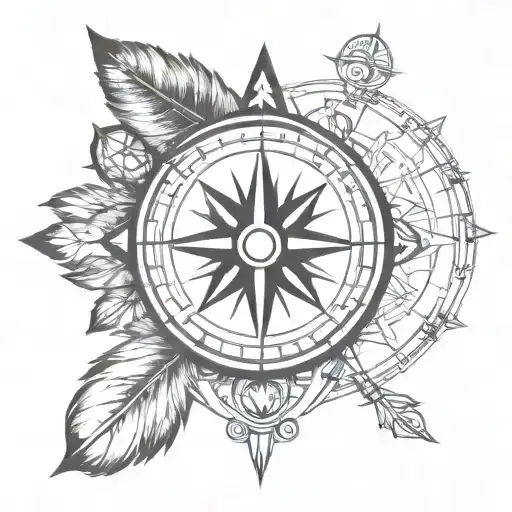 Native American compass with carpe diem written inside with an Indian atmosphere avec plus de feuille volant dans le ven tattoo design idea