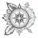 Native American compass with carpe diem written inside with an Indian atmosphere avec plus de feuille volant dans le ven tattoo design idea