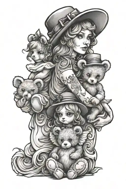 mother, daughter angels and teddy bear with a hat sitting tattoo design idea