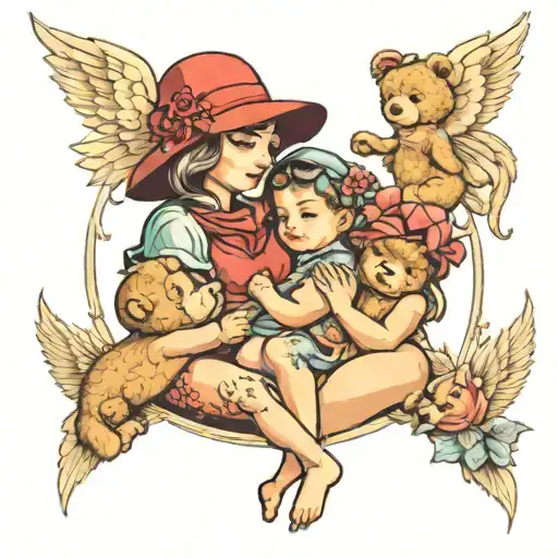 mother, daughter surrounded by 3 baby angels and a  teddy bear with a hat sitting tattoo design idea