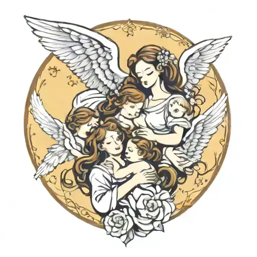 mother & daughter surrounded by 3 baby angels flying tattoo design idea