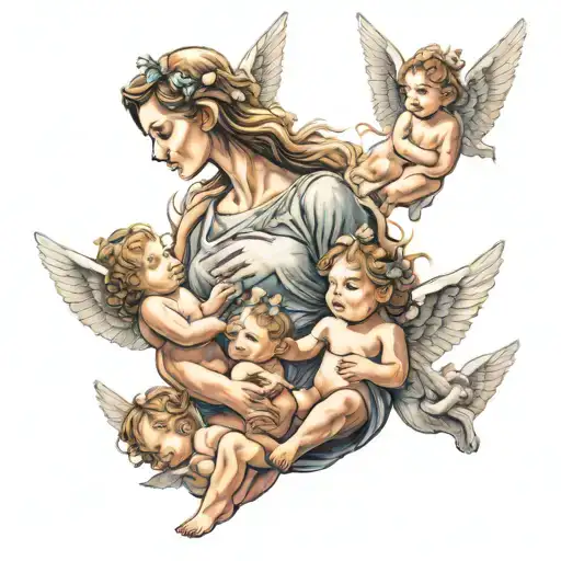 mother & daughter surrounded by 3 baby angels flying tattoo design idea