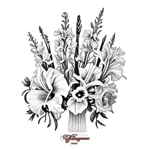 boquet of gladiolus, larkspur, morning glory, cosmos, rose, carnation, narciscus tattoo design idea