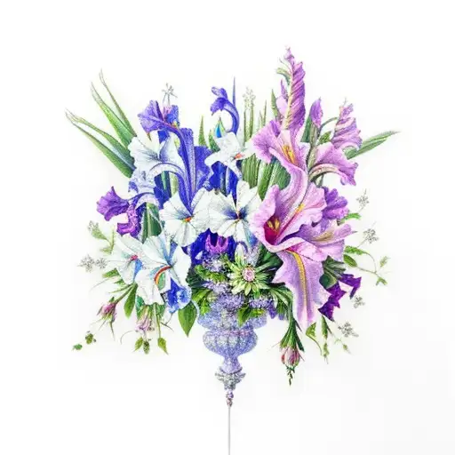 boquet of gladiolus, larkspur, morning glory, cosmos, rose, carnation, narciscus tattoo design idea