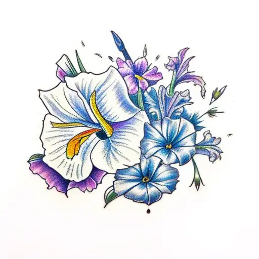 boquet of gladiolus, larkspur, morning glory, cosmos, rose, carnation, narciscus tattoo design idea