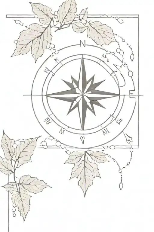 compass with dainty leaves around it, blissful, minimal tattoo design idea