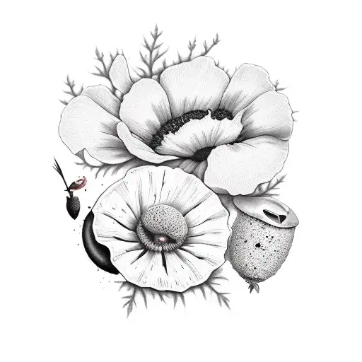 Poppy flowers and seeds, Oak Tree and acorn, Raven, Linen flowers and seeds tattoo design idea