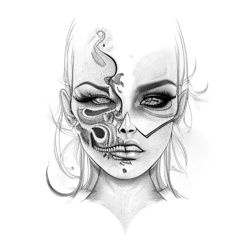 woman half face human half face skull  tattoo design idea