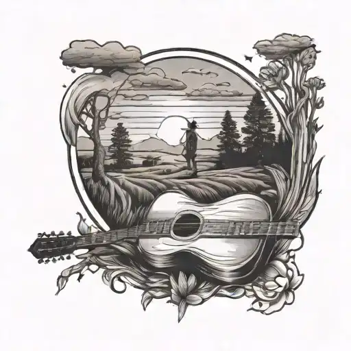 A scenic tattoo of a sunset over a countryside landscape with a guitar and cowboy hat in the foreground, reflecting the love for country music tattoo design idea