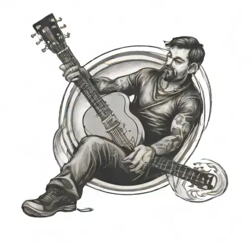 man sitting on crescent moon playing guitar tattoo design idea