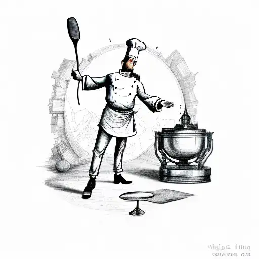 A whimsical illustration of a chef tossing darts at a map of Hungary tattoo design idea