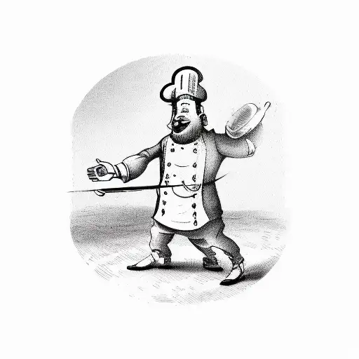 A whimsical illustration of a chef tossing darts at a map of Hungary tattoo design idea