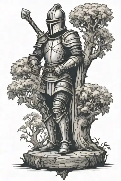 Knight chess piece growing out of tree trunk  tattoo design idea