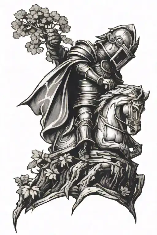 Knight chess piece growing out of tree trunk  tattoo design idea