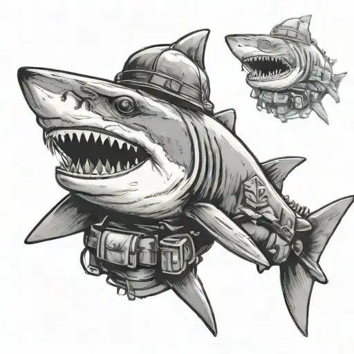 A fierce shark wearing a military helmet and holding a gun in its fin tattoo design idea