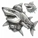 A fierce shark wearing a military helmet and holding a gun in its fin tattoo design idea