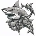 A fierce shark wearing a military helmet and holding a gun in its fin tattoo design idea