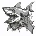 A fierce shark wearing a military helmet and holding a gun in its fin tattoo design idea