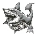 A fierce shark wearing a military helmet and holding a gun in its fin tattoo design idea