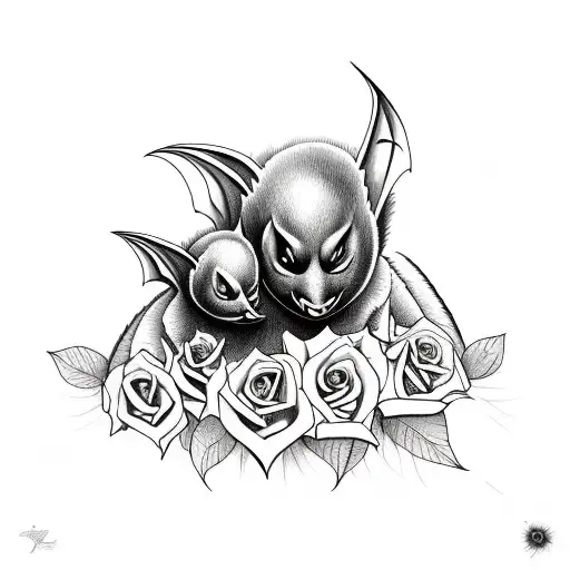 momma and baby bat embracing surrounded by purple roses and calla lilies, surrounding them line art tattoo tattoo design idea