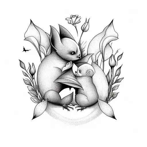momma and baby bat embracing surrounded by purple roses and calla lilies, surrounding them line art tattoo tattoo design idea