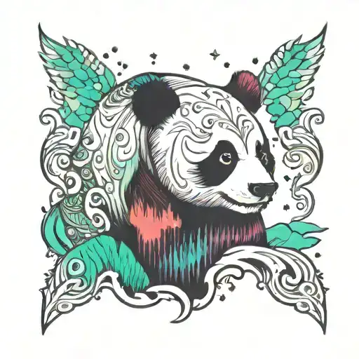 panda bear, behind is the northern lights in bi pride colors tattoo design idea
