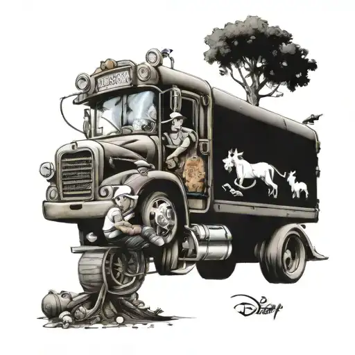 A whimsical design of a magical truck driver navigating through a fantasy world filled with Disney characters and elements tattoo design idea
