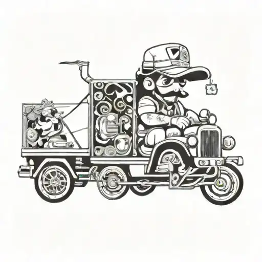 A whimsical design of a magical truck driver navigating through a fantasy world filled with Disney characters and elements tattoo design idea