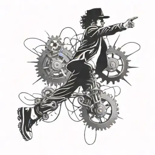 An abstract representation of Michael Jackson's iconic dance moves intertwined with the gears and wheels of a truck tattoo design idea