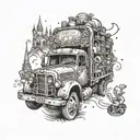 A whimsical design of a magical truck driver navigating through a fantasy world filled with Disney characters and elements tattoo design idea