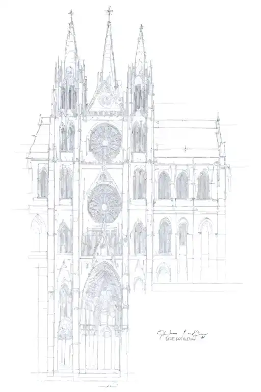 A sketch of a Gothic cathedral with a quote from the song below tattoo design idea