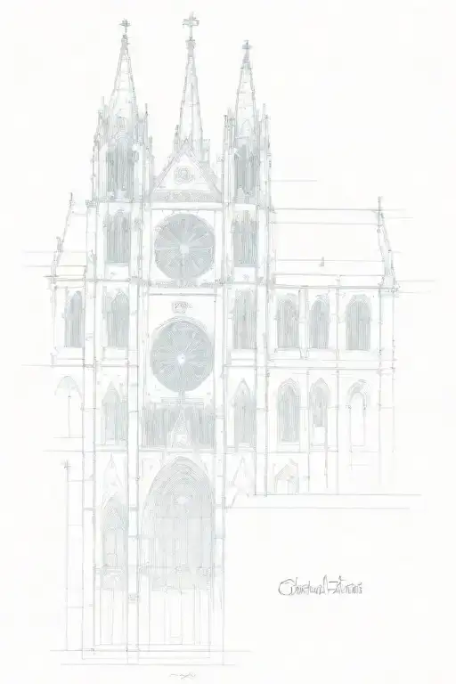 A sketch of a Gothic cathedral with a quote from the song below tattoo design idea