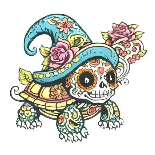 Turtle gnome flower sugar skull tattoo design idea