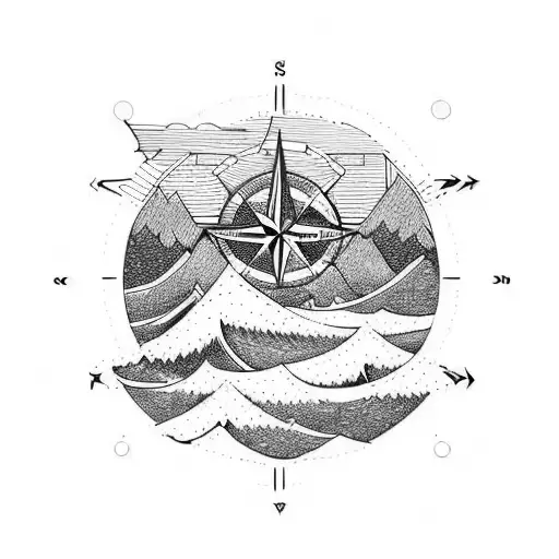 North Compass Mountain and Waves tattoo design idea