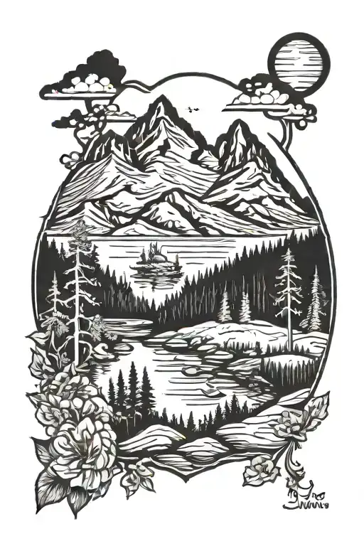 Half sleeve landscape tattoo with mountain, river, trees, sun, and the names Charlotte and Olivia tattoo design idea