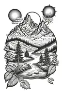 Half sleeve landscape tattoo with mountain, river, trees, sun, and the names Charlotte and Olivia tattoo design idea