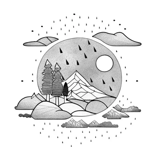 Scottish mountain landscape with sun and rain tattoo design idea