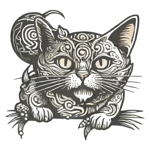 WOODCUT STYLE CAT WITH BOW AND HEART-SHAPED ARROWS tattoo design idea