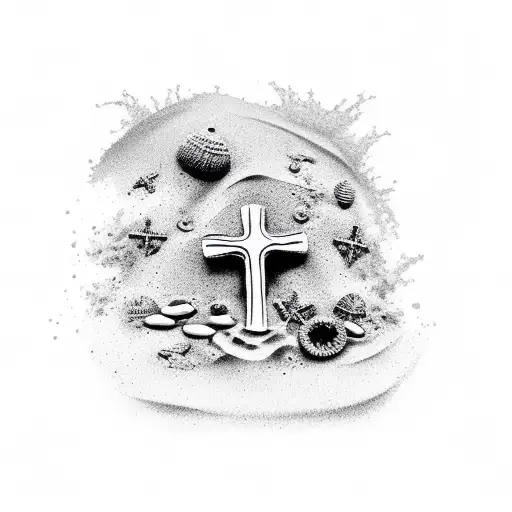 Beach theme with cross in sand tattoo design idea
