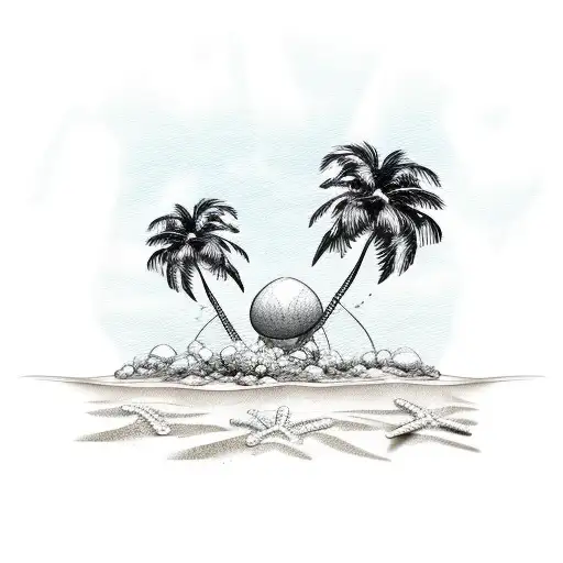 Beach theme with palm trees cross in sand viewing the ocean tattoo design idea