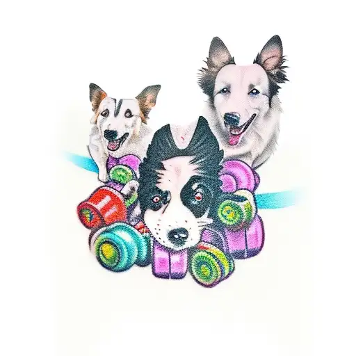 a tattoo on an arm, the tatttoo on tha arm is a a boy, lifting weights, near a computer, with a border collie dog tattoo design idea