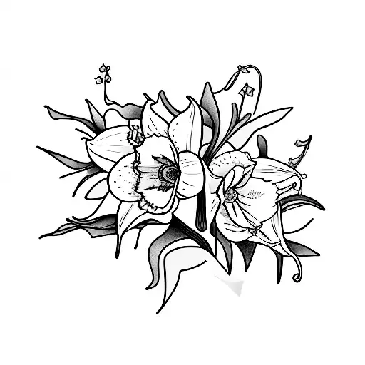 daffodil, lily of the valley, holly berry bouquet of flowers tattoo design idea