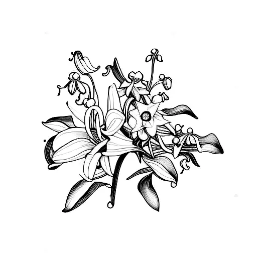 lily of the valley, daffodil, holly berry bouquet of flowers tattoo design idea