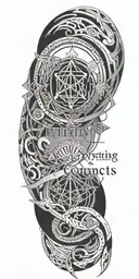 connected geometrical shape and text "eventually everything connects" tattoo design idea