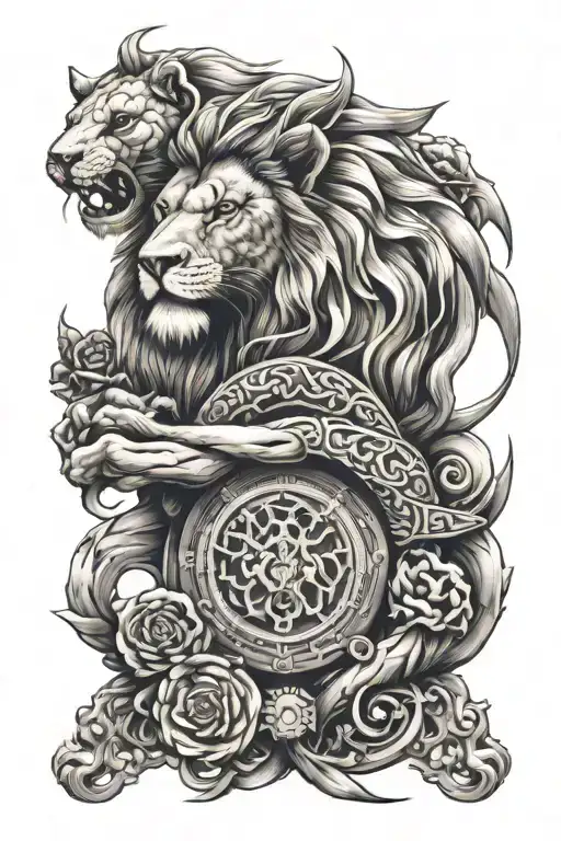 create a unique tattoo with scorpion made and a lion face holding a scale tattoo design idea